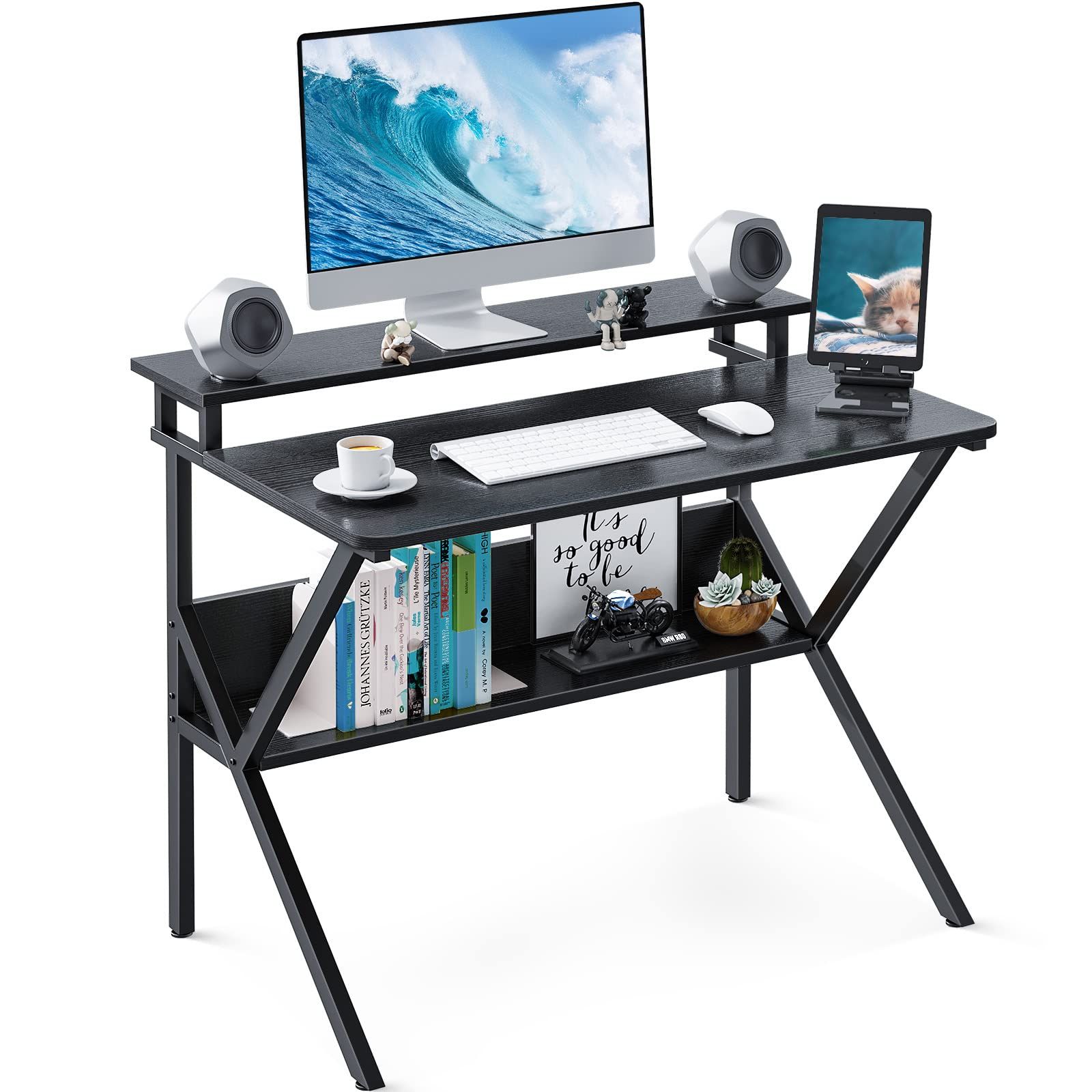 【迅速発送】KKL 机 pcデスク パソコンデスク コンパクト モニター台付き 幅70cm×奥行60cm ゲーミングデスク 勉強机 小さい computer desk 棚付き テレワークデスク 省スペース 一人暮らし 組立簡単