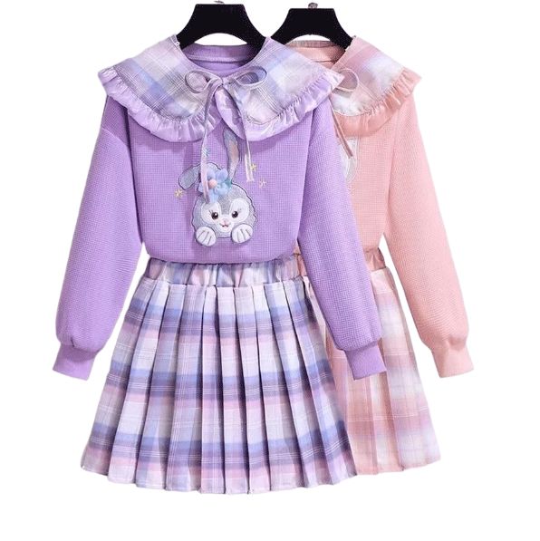 クロミちゃん プリーツスカート＋ 長袖 セーターセット キッズ 子供服 アンサンブル カジュアルウェア 2点セット パープル ピンク２色 100-160cm 春 秋 冬