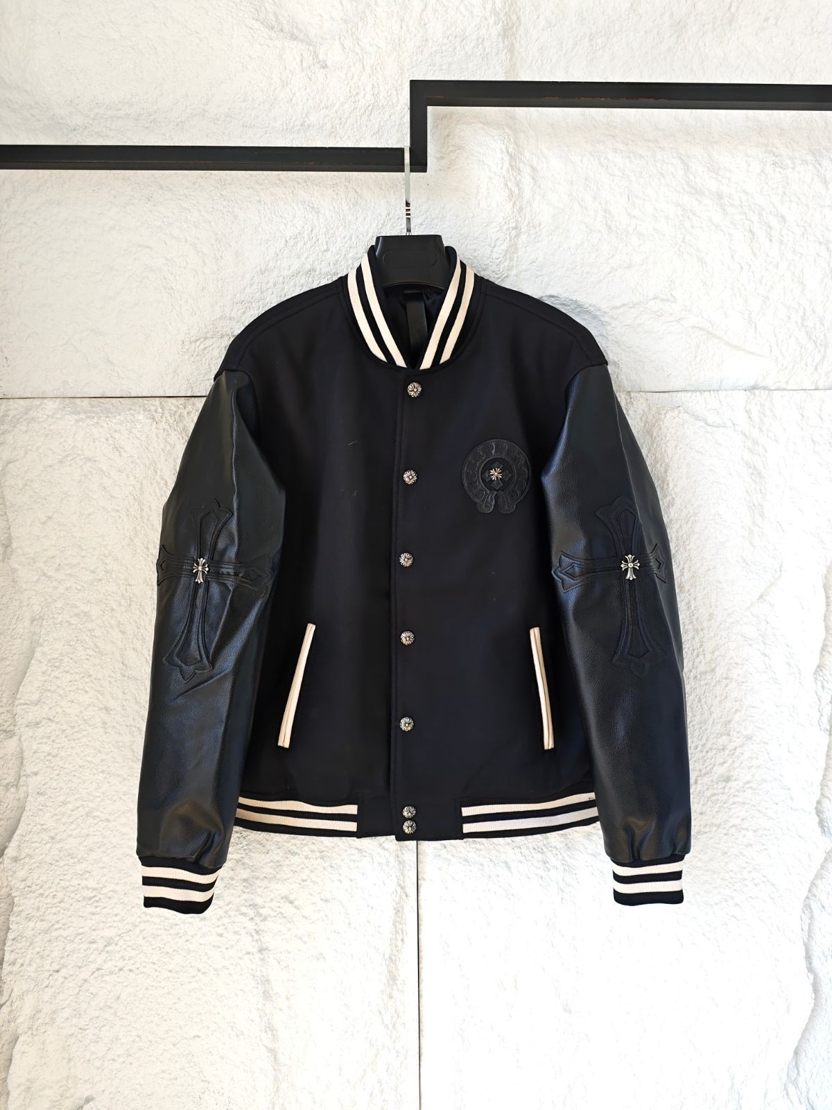 Chrome Hearts スタジアムジャケット 黒ウールレザー