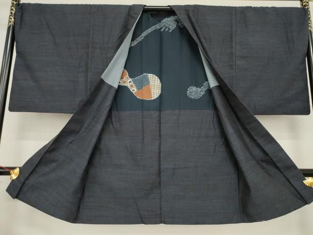 平和屋着物○男性 結城紬 アンサンブル 杢 藍鉄色 正絹 逸品