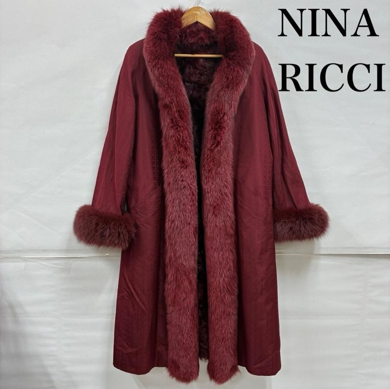 NINA RICCI ニナリッチ コート 毛皮 ファー オールド 毛皮 リアル ファー シルク ロング コート 総柄 同色 千鳥格子 11