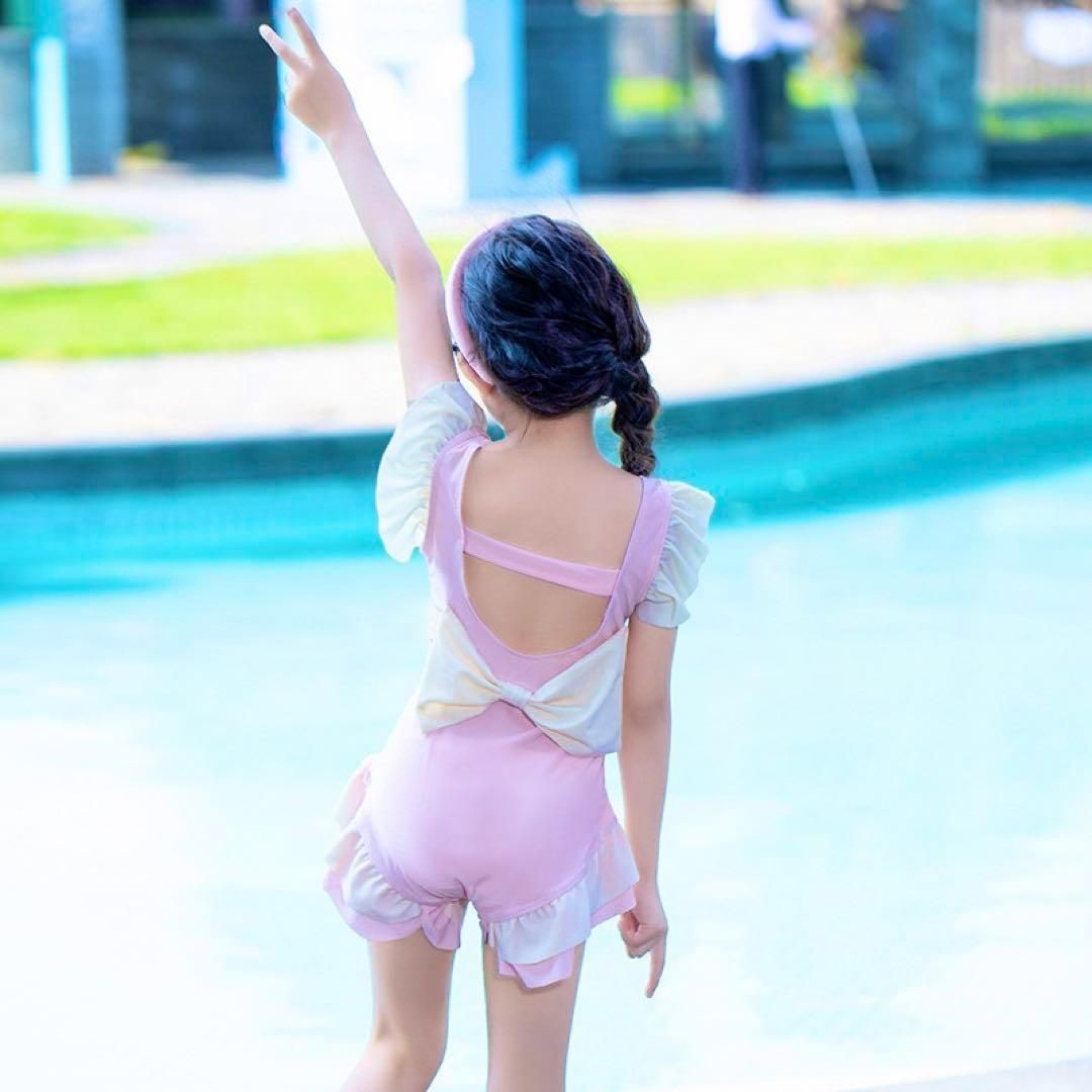 水着 ワンピース 女の子 プール リボン ピンク ワンピース水着 子供　帽子セット　100cm キッズ 水着 ワンピース リボン 子供 みずぎ 写真撮り