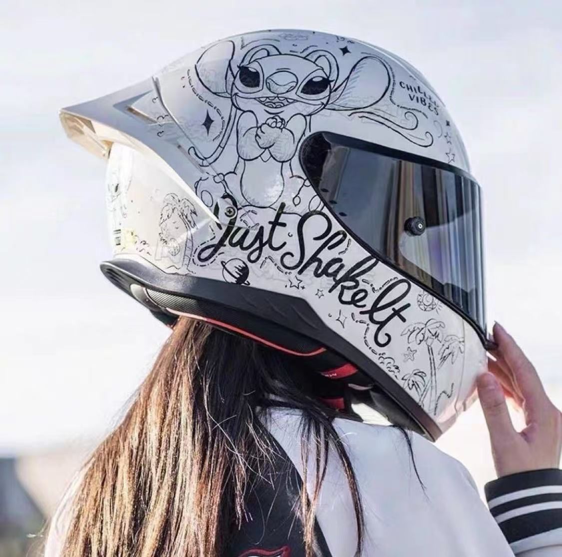 スティッチ キャラクターレディースフルフェイスヘルメット ホワイトヘルメット男女兼用 メガネ対応 S〜3XL