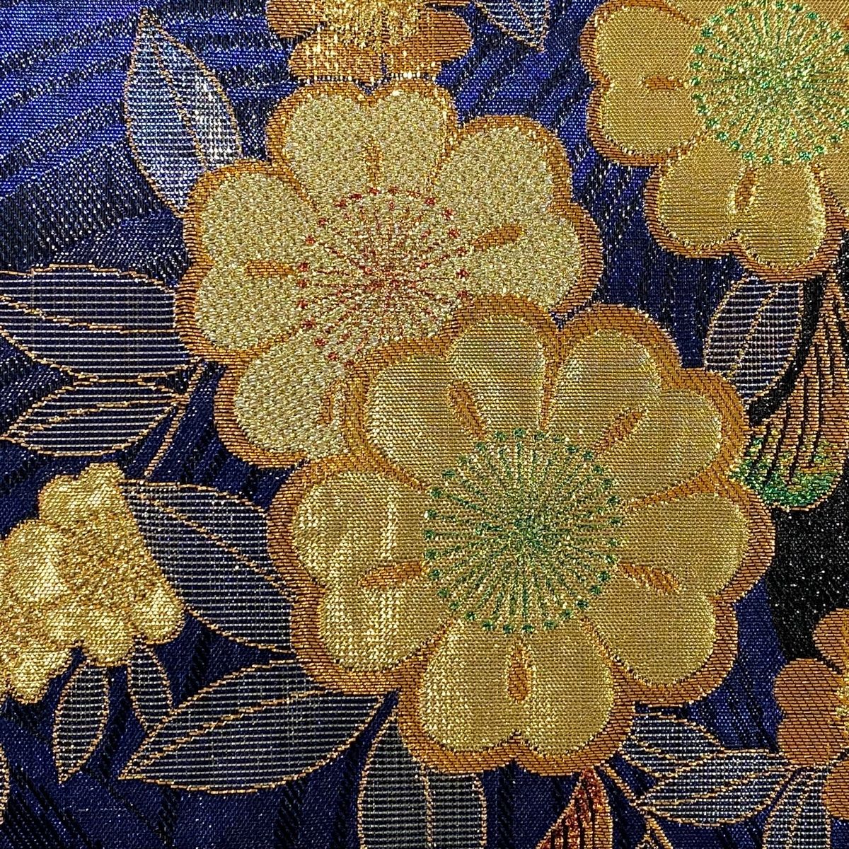 袋帯 秀品 振袖向き 桜 蝶 金銀糸 箔 青 六通 正絹