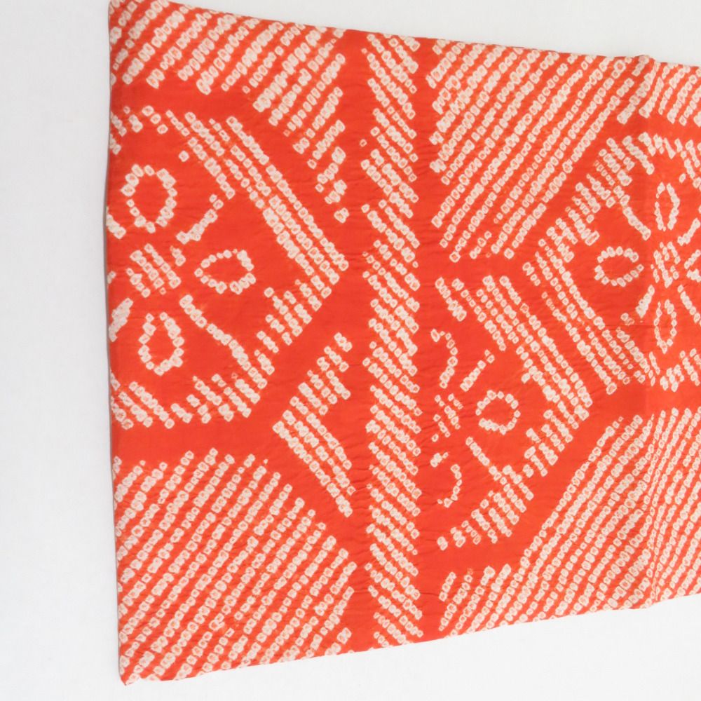 名古屋帯 アンティーク 茜染 絞り 亀甲に花模様 オレンジ 仕立て上がり