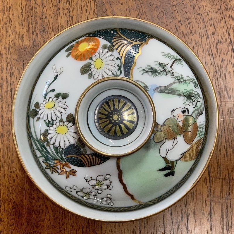 九谷焼 蓋茶碗 4客セット 金彩色絵人物風景青粒碗 蓋付き飯碗 蓋碗