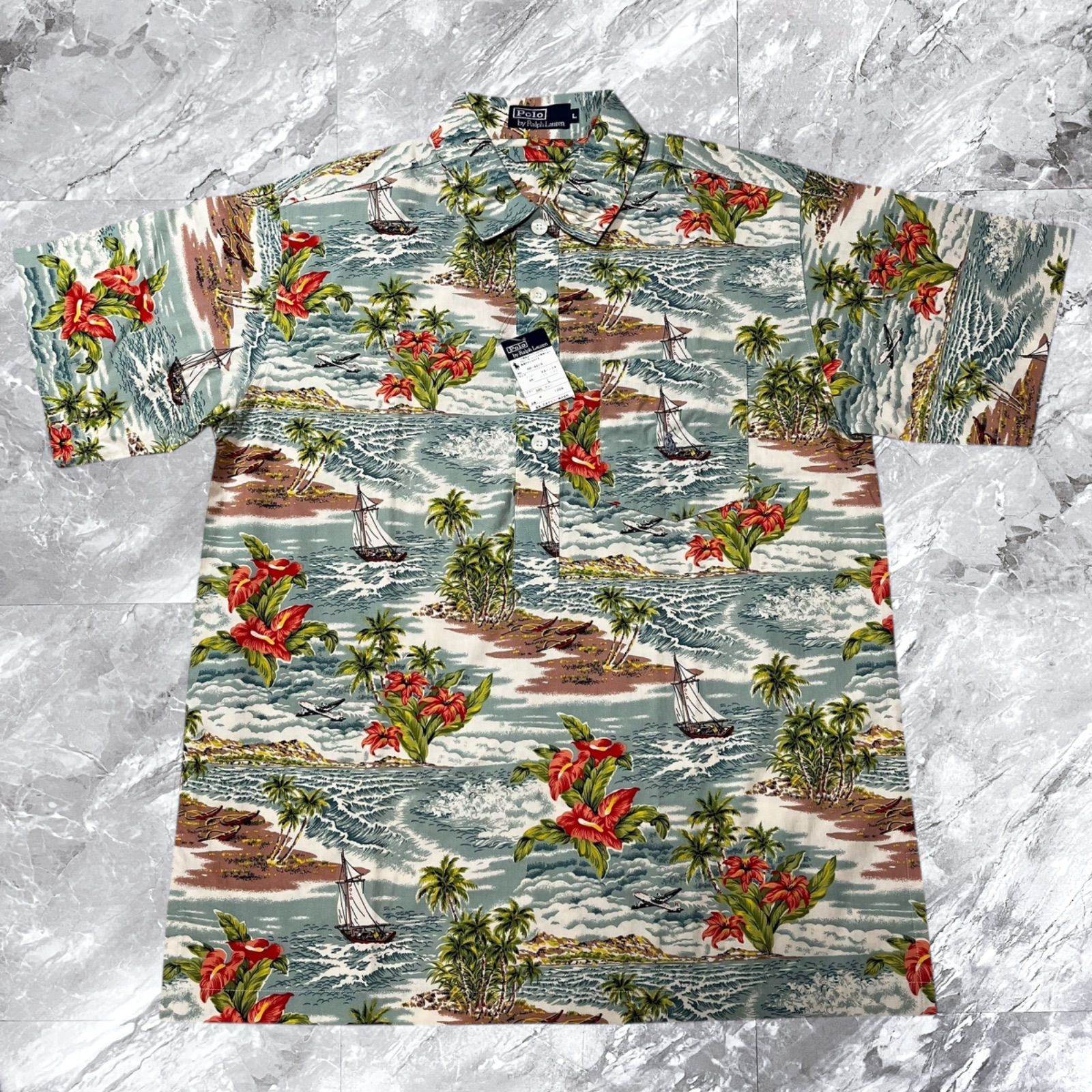 ♥タグ付き Polo by Ralph Lauren ポロバイラルフローレン セットアップ アロハ ハワイアン 半袖 ハーフパンツ ウエストゴム 総柄 コットン 綿 マルチカラー ブルー系 青色系 サイズL