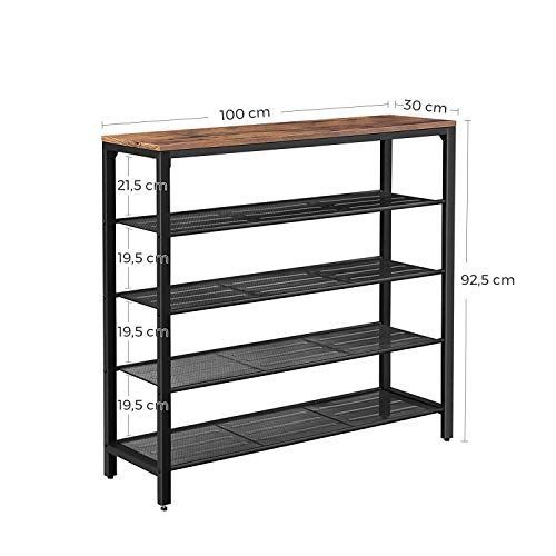 大人气品質新品 VASAGLE シューズラックオープンラックサイドテーブル 玄関テーブル 靴棚 5段 メッシュ棚 ヴィンテージ風 奥行30cm 木製天板 おしゃれ LBS15BX マグネットバックル
