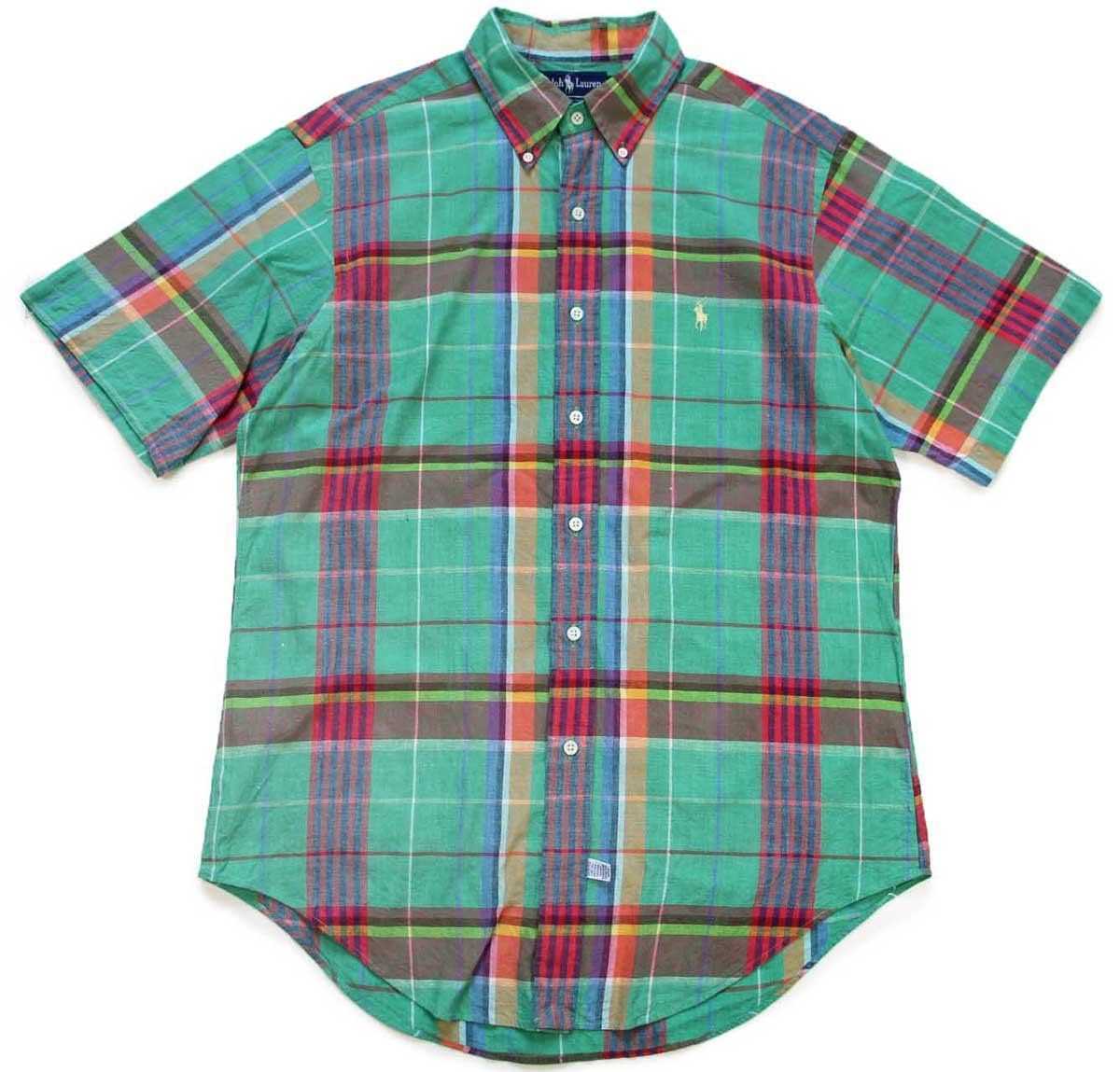 90s ラルフローレン マドラスチェック ボタンダウン 半袖 コットンシャツ L B オールド ビンテージ 手織り ロゴ刺繍 ワンポイント