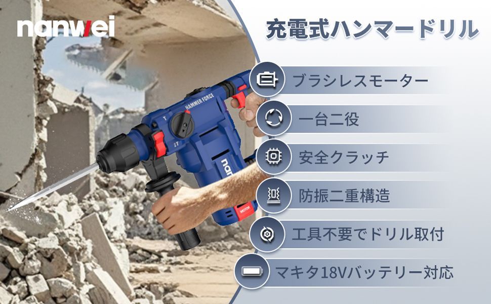 NANWEI 充電式ハンマードリル コードレスハンマードリル 振動ドリル