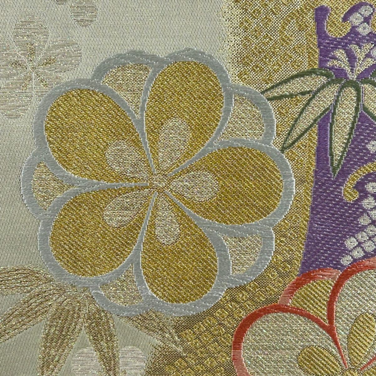 刺繍 袋帯 お太鼓柄 金糸 正絹 袋帯 未使用 フォーマル 正絹 手刺繍 蘇州刺繍 引箔地 金色地 菊 草花