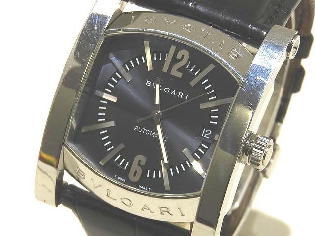 BVLGARI ブルガリ アショーマ メンズ 自動巻き 時計 デイト AA48S シルバーSS 黒文字盤 ブラックレザー Dバックル 7D