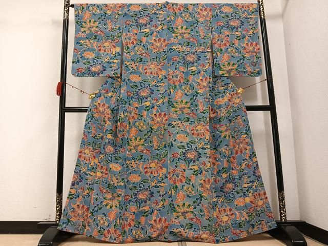 平和屋着物●上質な小紋 型染め 草花文 鬼しぼ縮緬 正絹 AABC4441ph