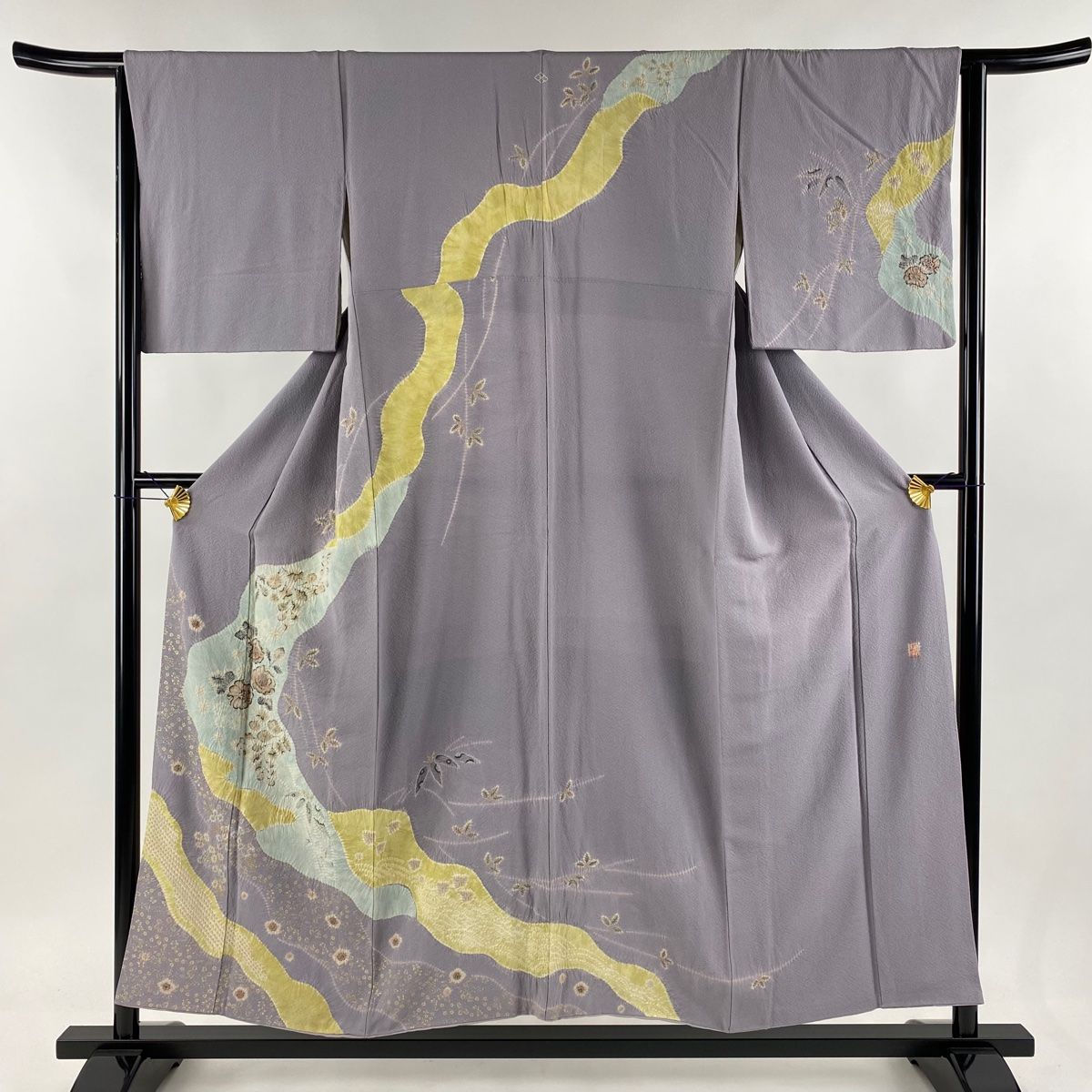訪問着 身丈151.5cm 裄丈62.5cm S 袷 滝泰 落款 草花 松竹梅 金彩 絞り 薄紫 正絹 名品 一つ紋