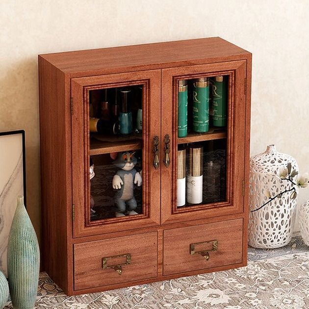 収納ケース 引き出し付き 卓上 ガラスキャビネット 両開き 木製 ガラス