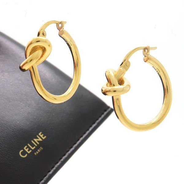 CELINE ノット ピアス スモールフープ GP ゴールドフィニッシュ レザーケース付 セリーヌ ◆送料込◆質屋-9912