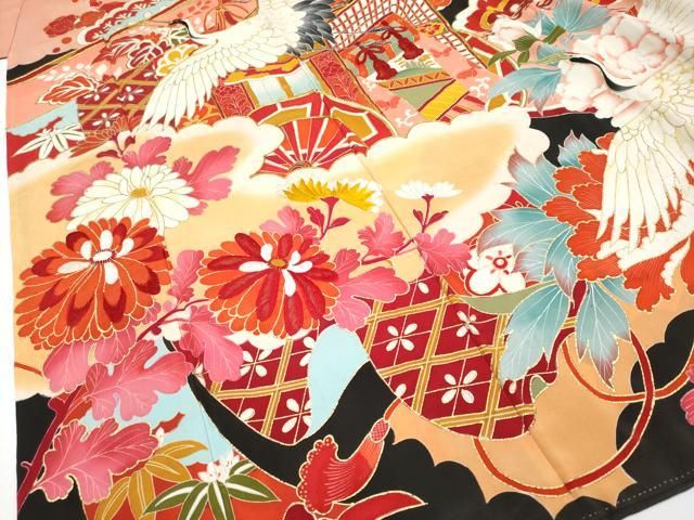 平和屋本店□極上 アンティーク 大正ロマン 振袖 駒刺繍 飛鶴御所車花