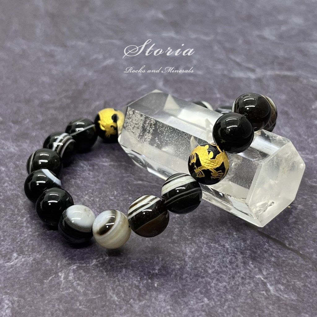 10mm 天眼石（アイアゲート）×四神相応 金彫刻オニキス ブレスレット メルカリShops