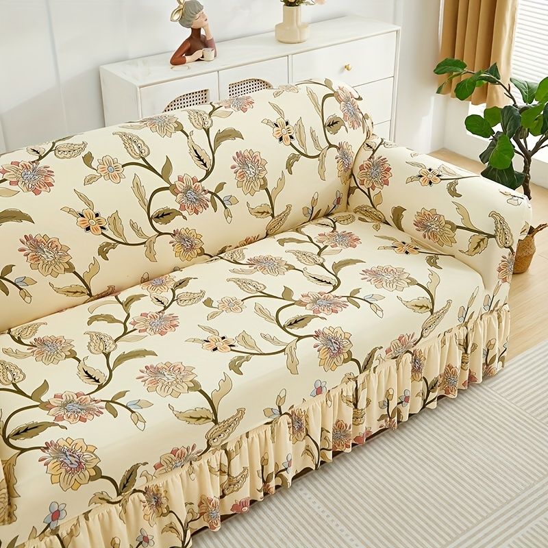 ボヘミアンシックなエラスティックフィットソファスリップカバー（スカート付き）- 洗濯機で洗えるストレッチポリエステル＆スパンデックススリップカバー-グリップスローカバー、アームチェア、ラブシート、3人掛け＆4人掛けソファ用-スタイリッシュなフルカバーカウチプ