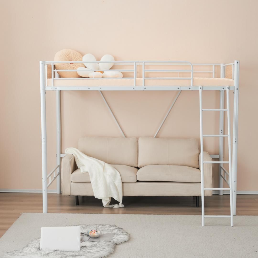 新品】ホワイトロフトベッドパイプベッドシングル木収納スチール