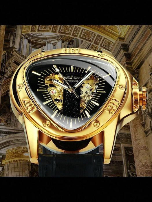 腕時計 メンズ 機械式 - 1個 スポーツスケルトン自動巻き機械式腕時計 発光ハンド レザーストラップ ゴールド三角ケース ファッションビジネスメンズ腕時計 プレゼント 祭り 誕生日プレゼント