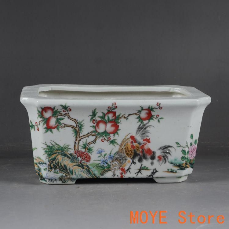 民国パステル色の雄鶏寿桃の四角い鉢 磁盆栽鉢 植木鉢 小品盆栽鉢 大品