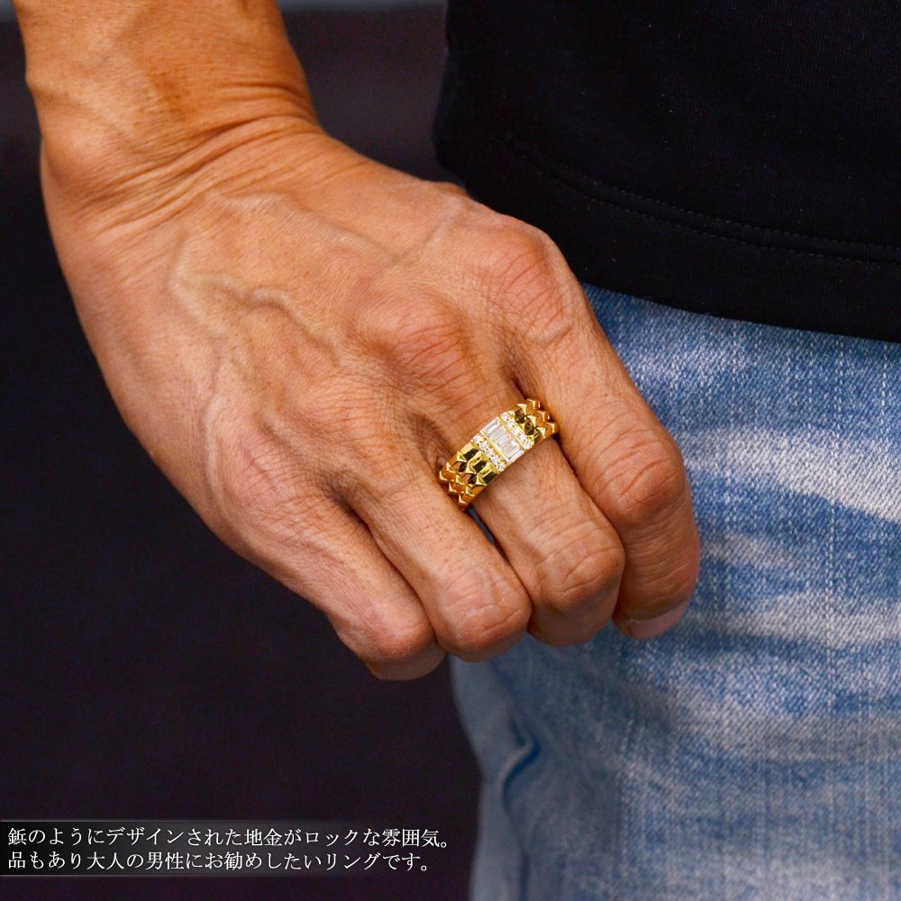 ゴールド リング ダイヤモンド メンズ 指輪 ゴールド 10金 イエローゴールドk10 10k ダイヤ ピンキーリング 幅広 透かし 男性 送料無料 人気 セール SALE 指輪 メンズリング K18 18金 バゲットカット ダイヤモンド イエロー