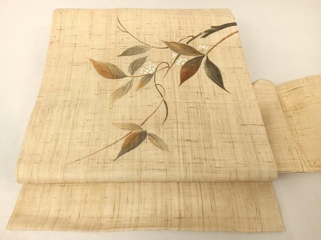 平和屋着物＊夏物 九寸名古屋帯 手描き 枝花文 麻 AABA2541np