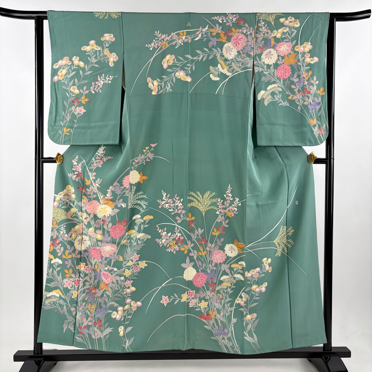 訪問着 身丈156cm 裄丈62.5cm S 袷 落款 草花 萩 薄緑 正絹 一つ紋