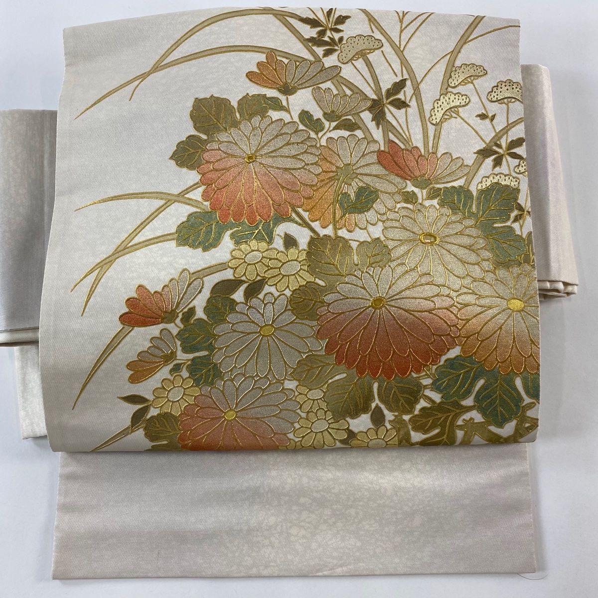 付け帯 秀品 作り帯 秋草 金銀彩 螺鈿 ベージュ 正絹