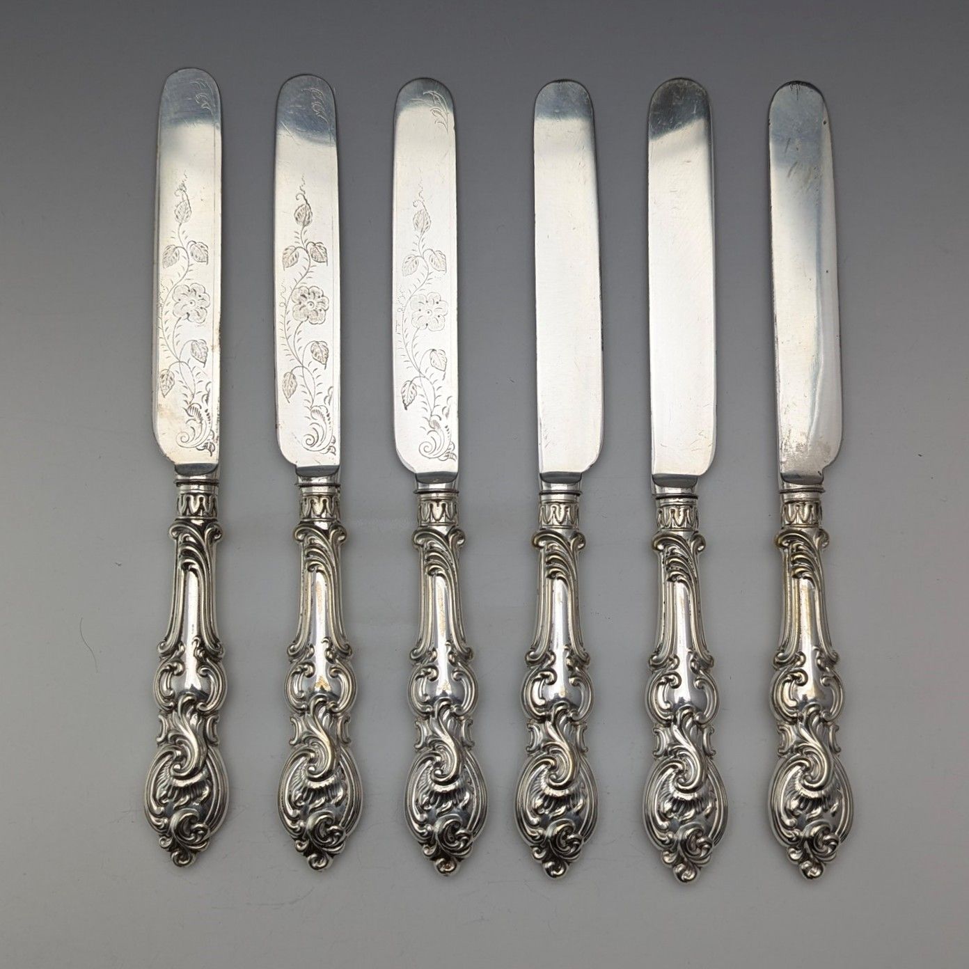 1882年 英国アンティーク シルバープレート カトラリー6ペアセット 彫刻ブレード Elkington 1882年 英国アンティーク シルバープレート カトラリー6ペア