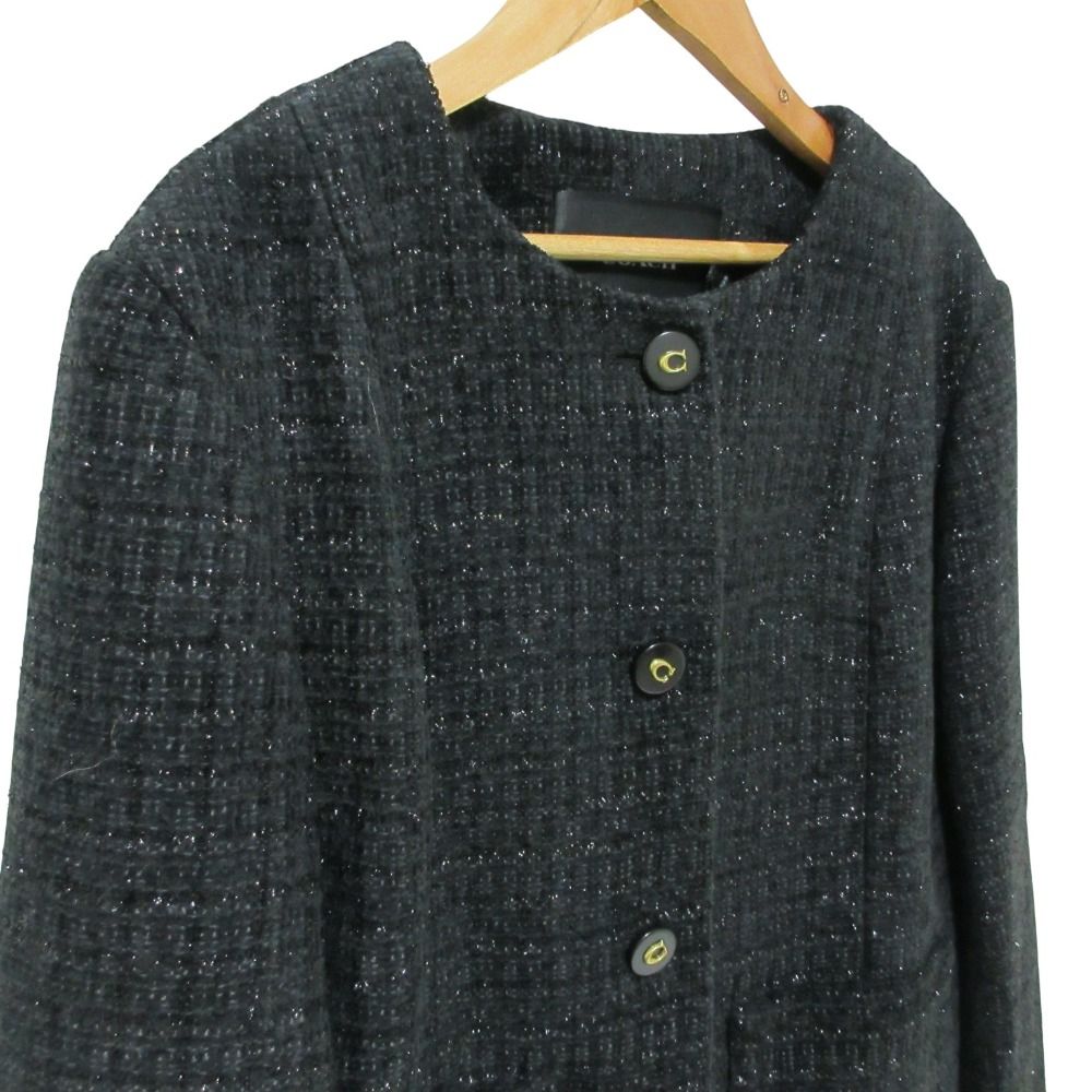 COACH - 美品 COACH コーチ ツイード ノーカラー ジャケット CO841 M ブラック レディース 古着 中古 USED 美品 COACH コーチ ツイード ノーカラー ジャケット CO841 M ブラック