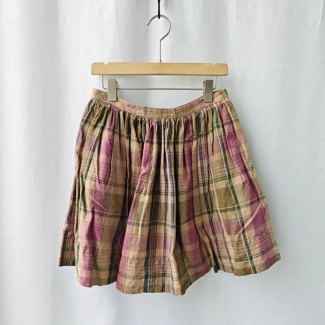 Ralph Lauren ラルフローレン リネン チェック スカート ベージュ ピンク 2 サイズ