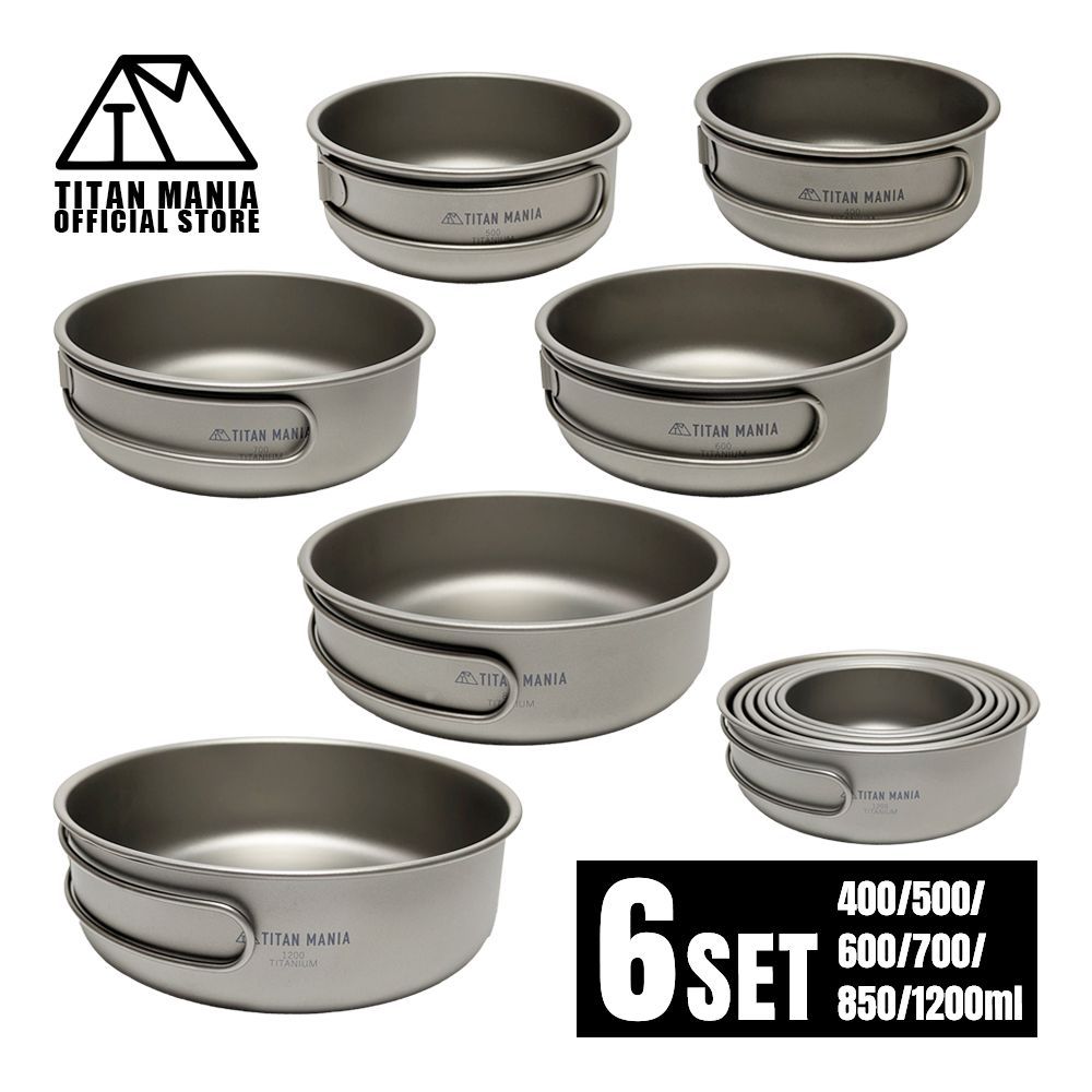 TITAN MANIA チタンマニア クッカー 6点セット チタン製 全てのサイズが にスタッキング出来る 軽量 頑丈 直火 コンパクト 折りたたみハンドル キャンプ ソロキャンプ アウトドア用品 キャンプ用品 収納袋付き