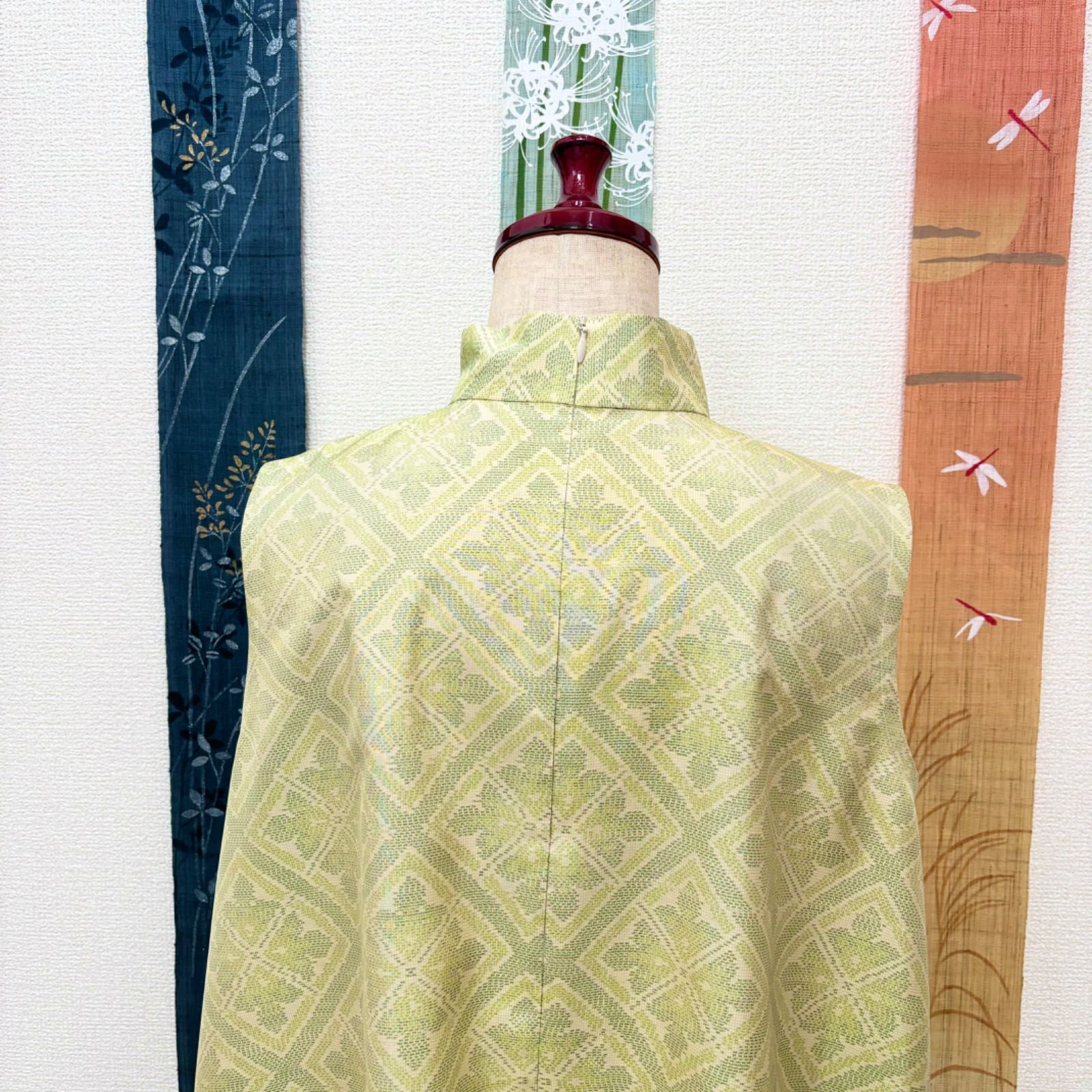 ハンドメイド 大島紬スタンドカラーAラインワンピース 秋の限 大島紬