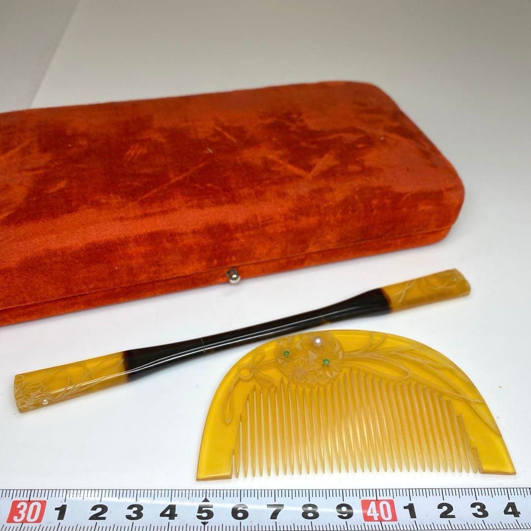 本白鼈甲 翡翠 象嵌 櫛 笄 29g 東な6-1227 2F