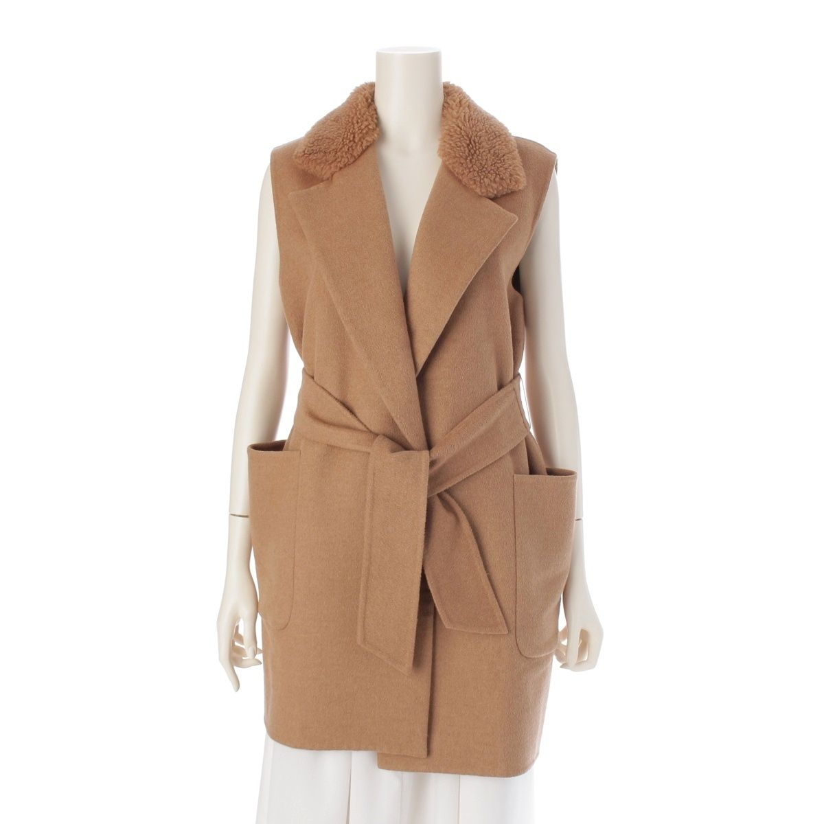 Max Mara マックスマーラ 128601936 ブラウン キャメル100 ロングジレ キャメル 40 ベスト ウール レディース 中古 マックスマーラ キャメル ウール ノースリーブ ジレ コート