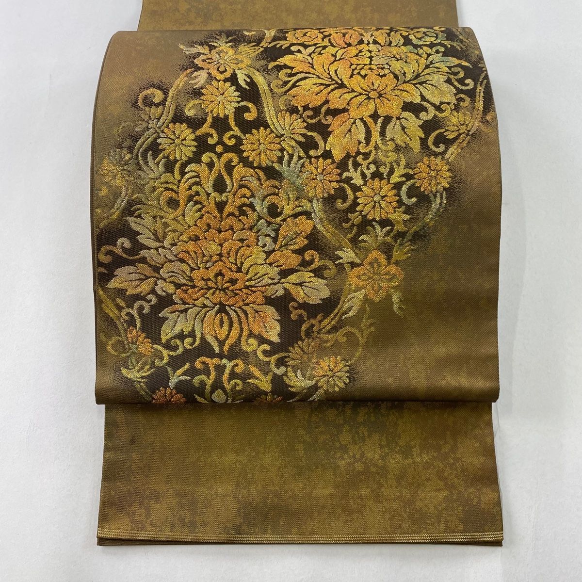 袋帯 名品 川島織物 落款 関西仕立て 草花 花唐草 金糸 箔 茶緑色 六通 正絹