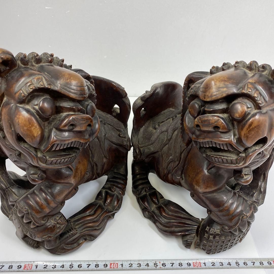 時代 木彫 獅子一対 トヒエカ 東さ6-1103