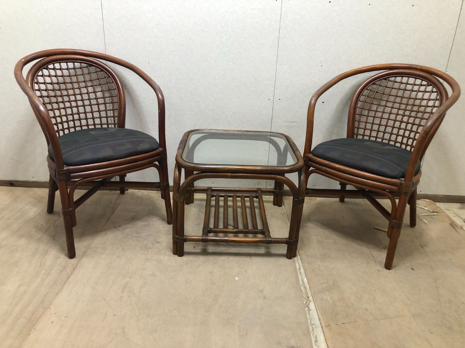 ラタン 藤 3点セット ガラステーブル＋チェア2脚 応接セット 250323