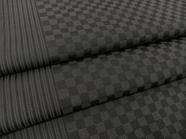 平和屋着物○上質なお召 縞 市松文様 黒地 正絹 逸品 BAAT0844yc