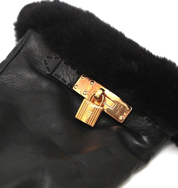 広尾店】エルメス HERMES ケリー カデナ グローブ ラム×ミンク 黒 G  