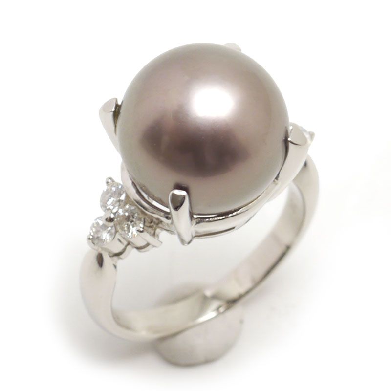ブラックパールリング 約12号 PT900・真珠12.5mm・ダイヤ0.30ct ブラックパールリング 約12号 PT900・真珠12.5mm・ダイヤ0.30ct