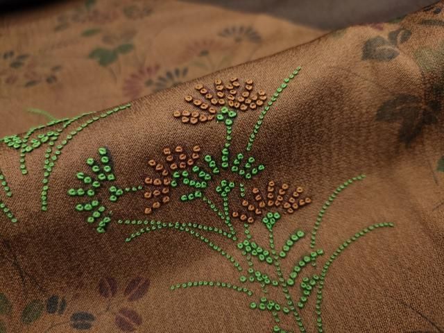 平和屋着物○中国三大刺繍 相良刺繍 訪問着 草花文 カラー胴裏：濃藍色