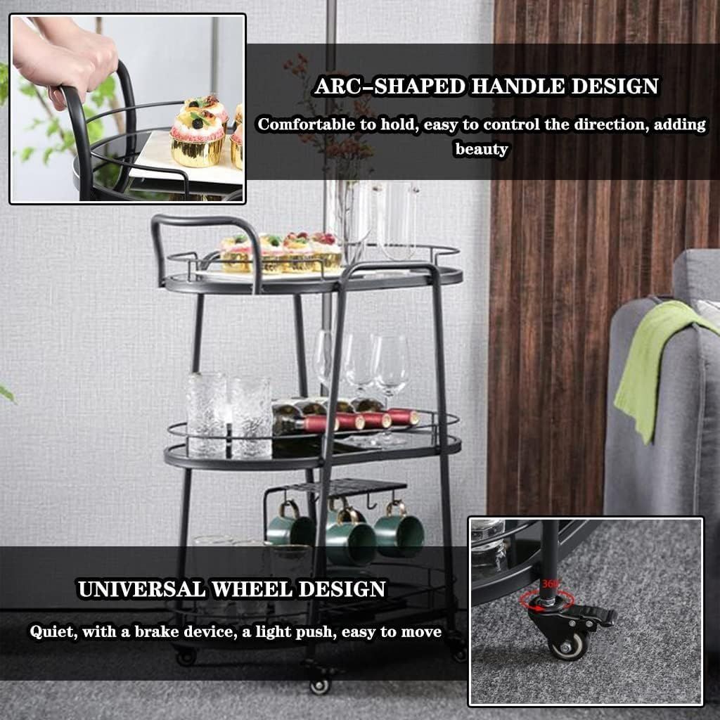 キッチンワゴン キャスター付き 古典的なミニマリスト スタイル オーバル サービングバーカート の 2層 動く トローリー 表示項目 ブラック 72 67 36cm