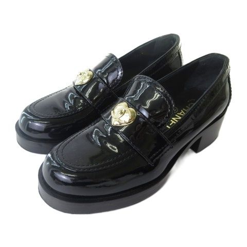 シャネル CHANEL G39697 ローファー ハートターンロック パテント シューズ ココマーク ゴールド 金具 黒 ブラック 36C 23cm