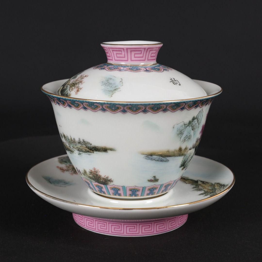 粉彩寿桃紋茶杯  茶道具  中国茶器 景徳鎮　蓋付 茶器 飲茶食器 現代工芸品 IwaiLoft「錦地紋様・寿桃」美しい桃柄 蓋物 グラス スープ椀