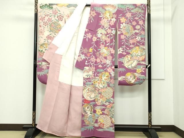 セミアンティーク　銀駒刺繍　唐花　ステンドグラス　振袖　卒業　着物　104a p セミアンティーク 銀駒刺繍 唐花 ステンドグラス 振袖 卒業 着物