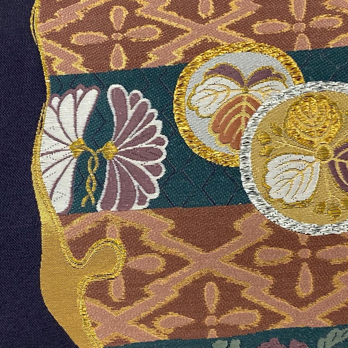 袋帯 秀品 雪輪 花唐草 金糸 箔 青紫 六通 正絹