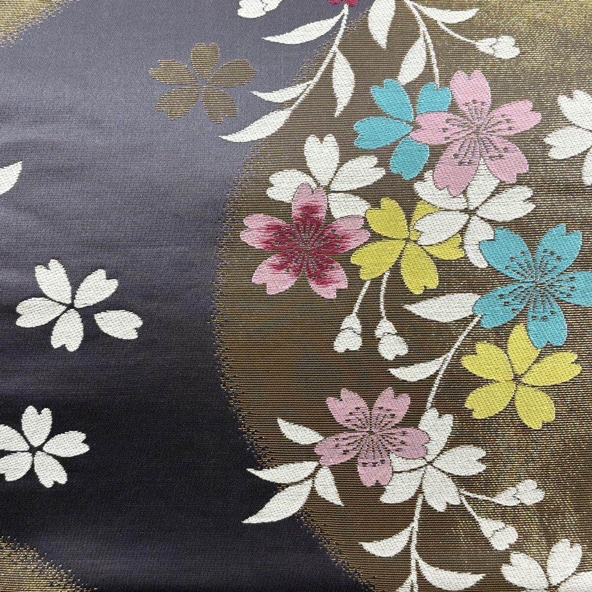袋帯 美品 秀品 桜 花びら 刺繍 金銀糸 濃紫 六通 正絹 【中古
